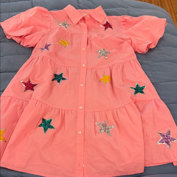Peach Love California Dresses & Skirts - Girls' Pink Star-Sequin Tiered Shirt Dress